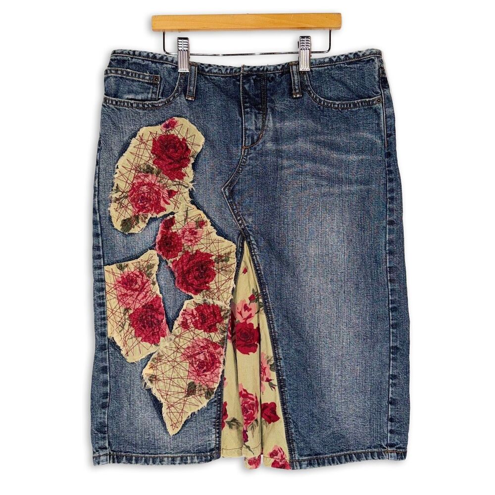 Y2K Express Jeans Low Rise Floral Patchwork Denim Midi Skirt Size 7/8